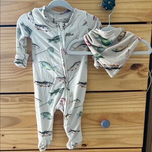 Caden Lane NB sleeper and bib in Gone Fishing Print